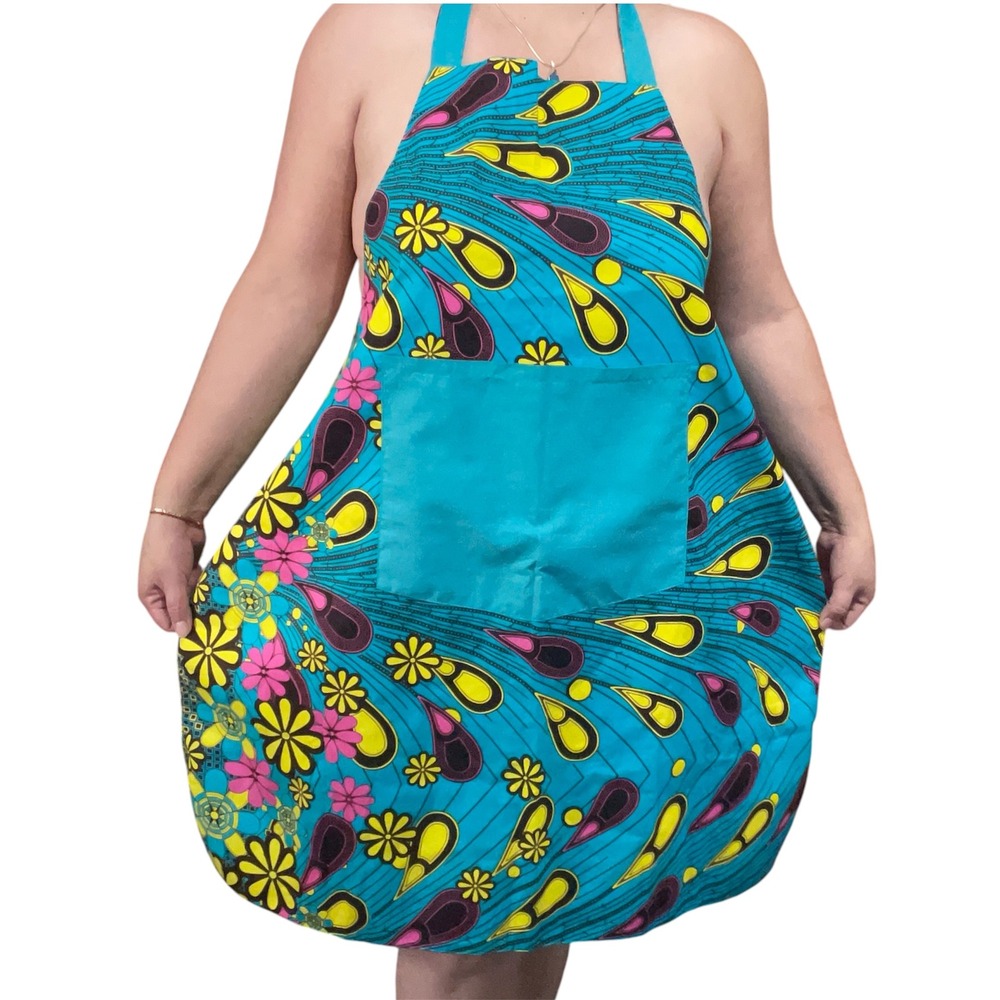 Handmade reversible African Wax Print Bib cook Apron Teal Floral Ankara Pocket